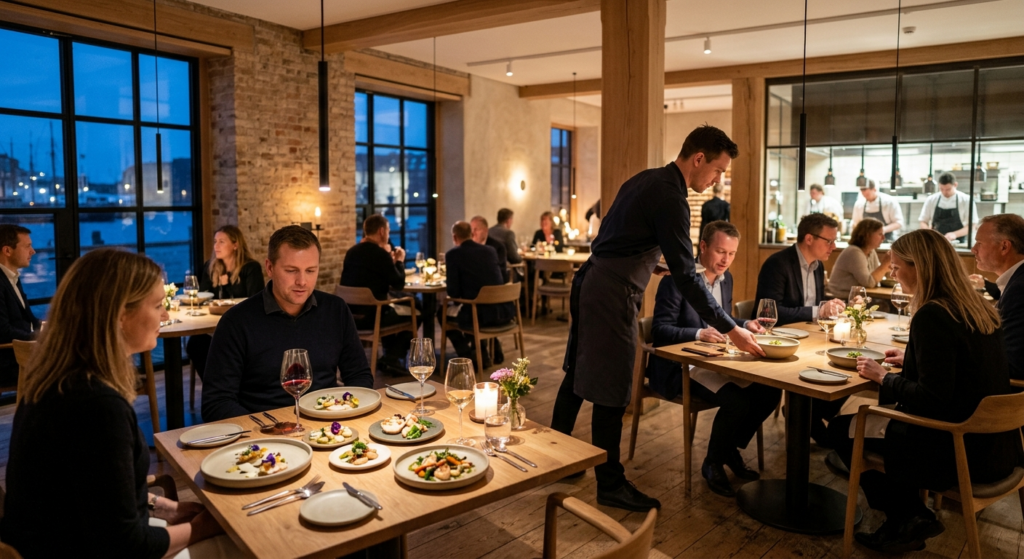 Elegant dansk fine dining restaurant med nordisk indretning og gourmet-mad