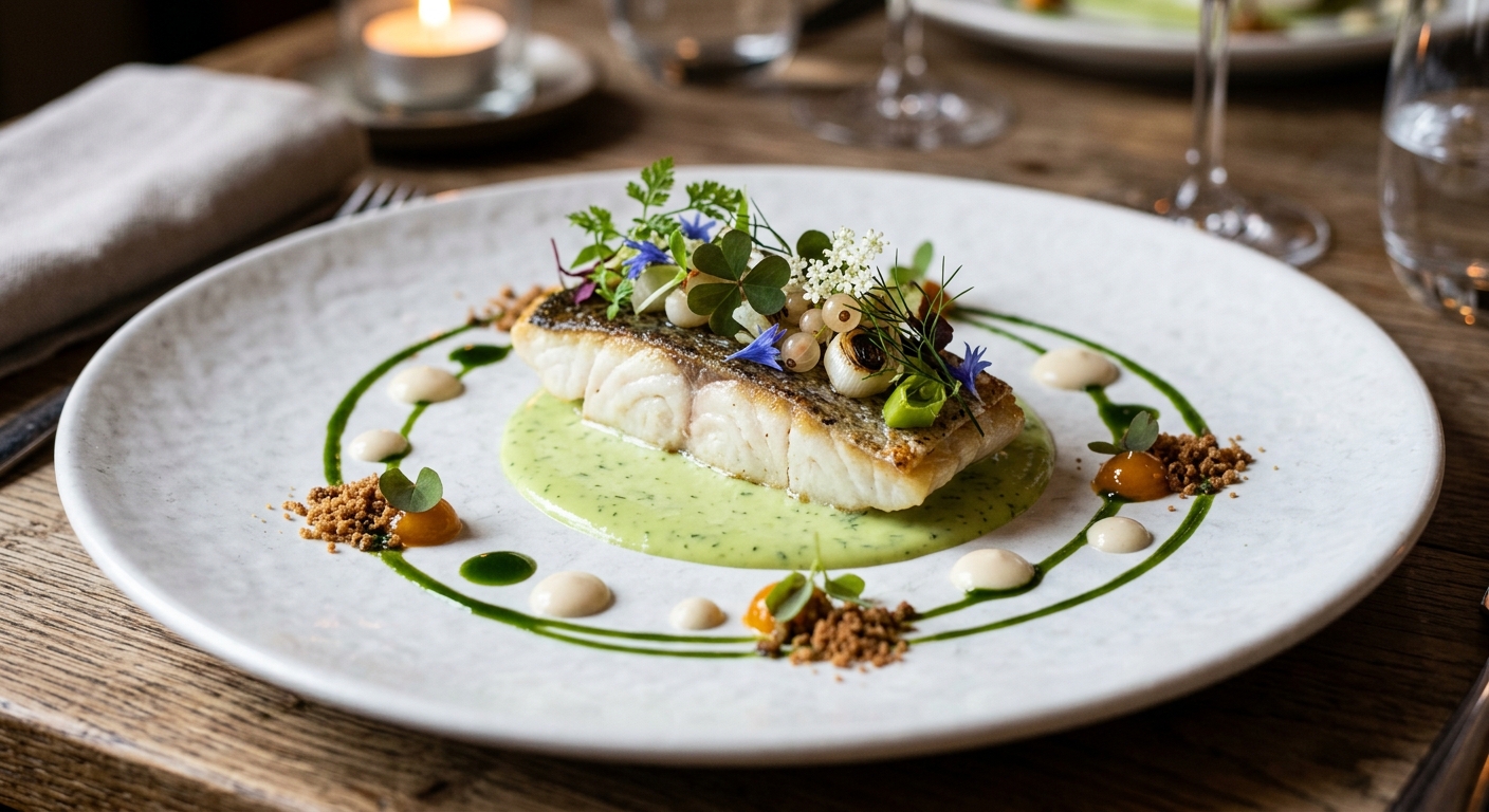 Kunstnerisk tilrettet nordisk ret på hvidt porcelæn i fine dining-miljø