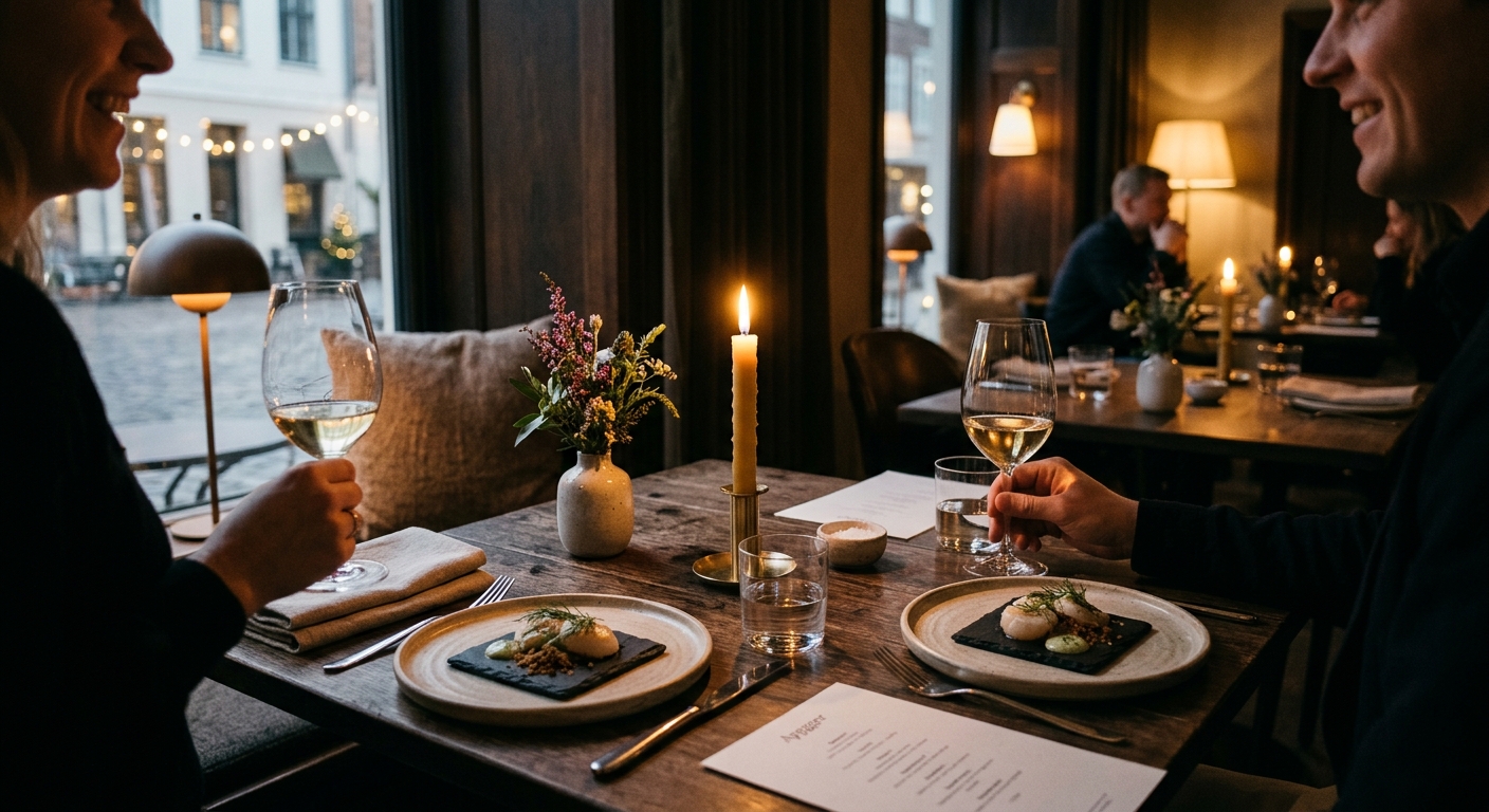 Elegant tabelindretning med vin og forret i dansk gourmet-restaurant