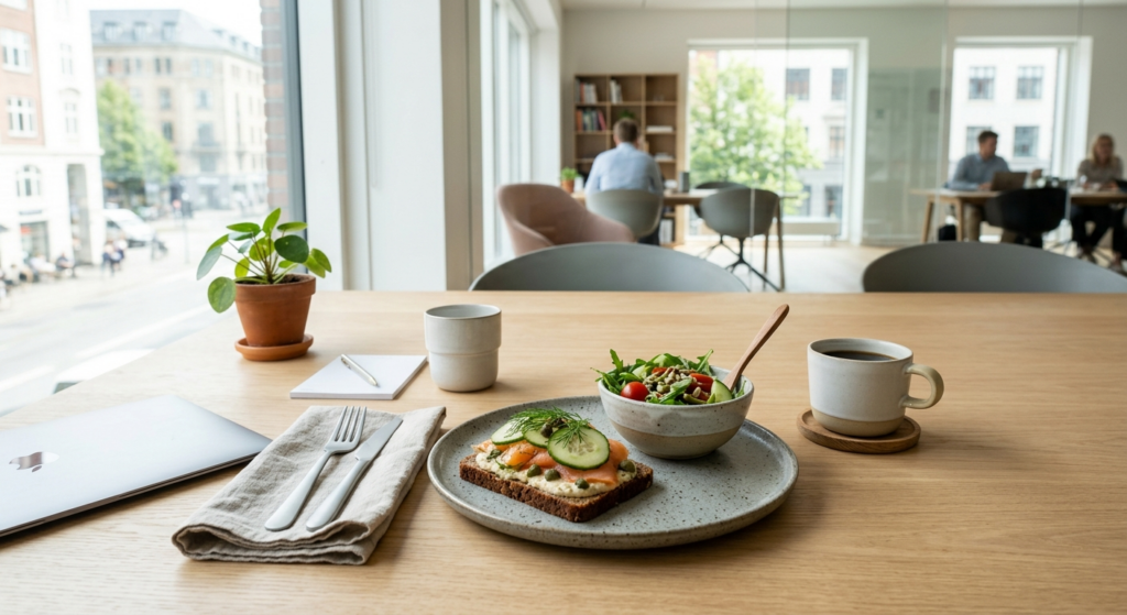 Moderne dansk frokost på arbejdspladsen med smørrebrød og kaffe