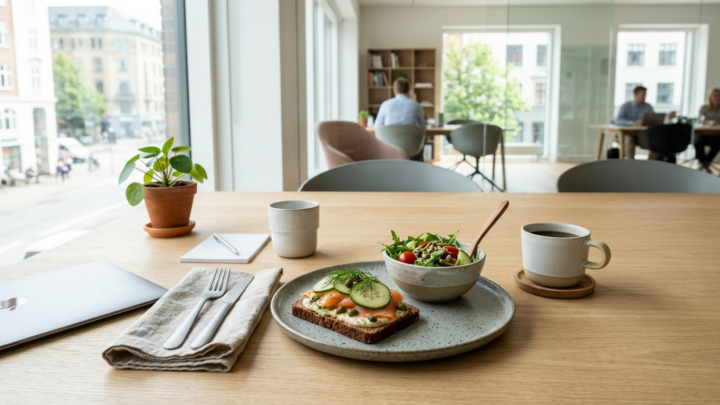 Moderne dansk frokost på arbejdspladsen med smørrebrød og kaffe