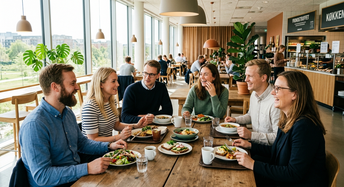 Danske kolleger deler frokost omkring moderne kontorlunebord