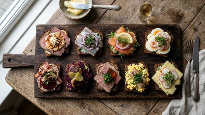 Traditionel dansk smørrebrød med forskellige påsmøringer på peberkorn rugbrød