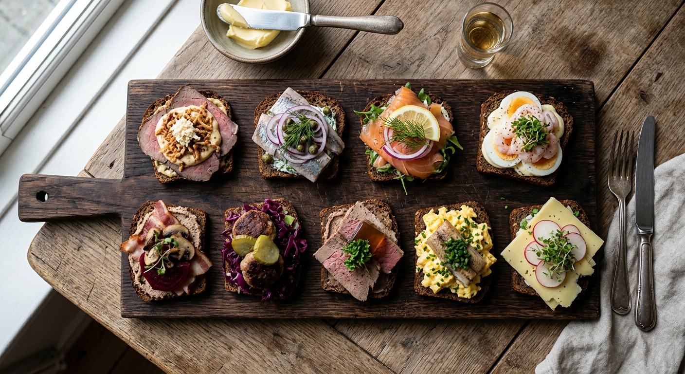 Traditionel dansk smørrebrød med forskellige påsmøringer på peberkorn rugbrød