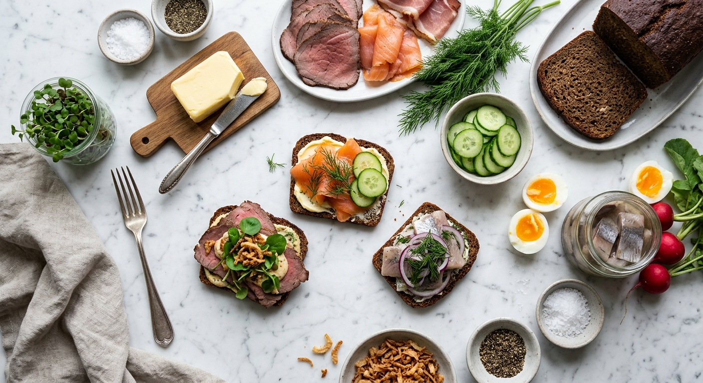 Friske ingredienser til smørrebrød påsmøringer arrangeret på køkkenbord