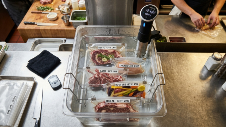 Sous vide garvand med vakuumemballeret kød i præcisionskontrolleret vandbad