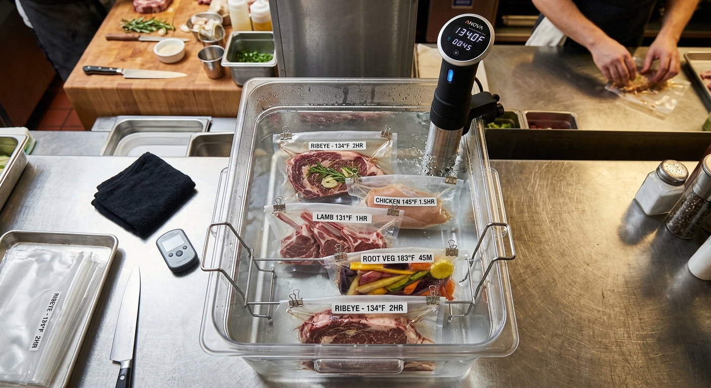 Sous vide garvand med vakuumemballeret kød i præcisionskontrolleret vandbad