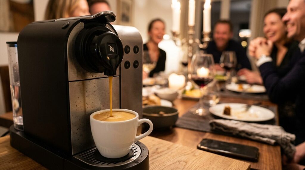 Kapselmaskine dispenserer kaffe i en kop med kraftig stråle.