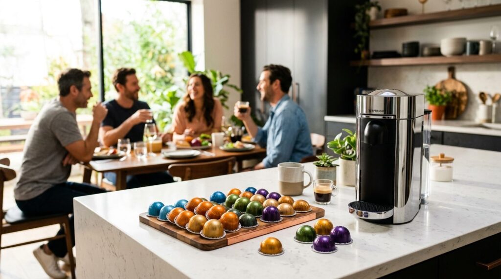 Farverige kaffekapsler arrangeret i kunstnerisk opstilling.